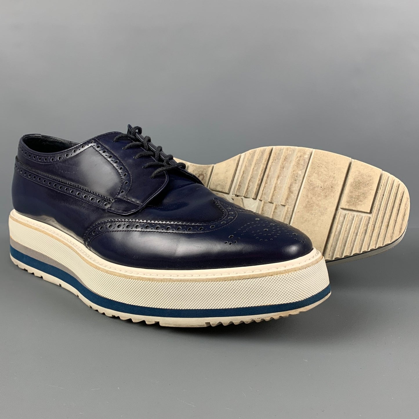 PRADA Size 10 Navy White Perforated Leather Platform Lace Up Shoes