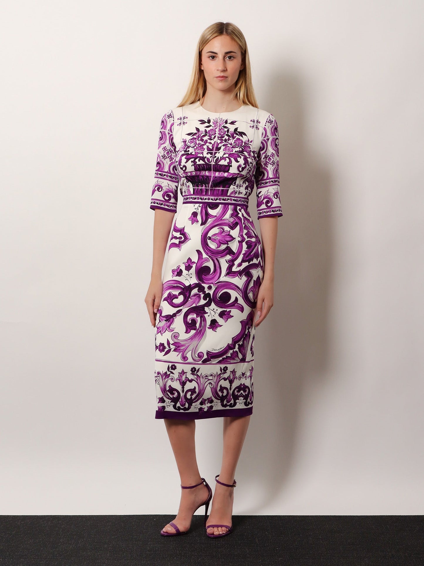 Dolce & Gabbana Women Silk Midi Pencil Dress With Maiolica Print