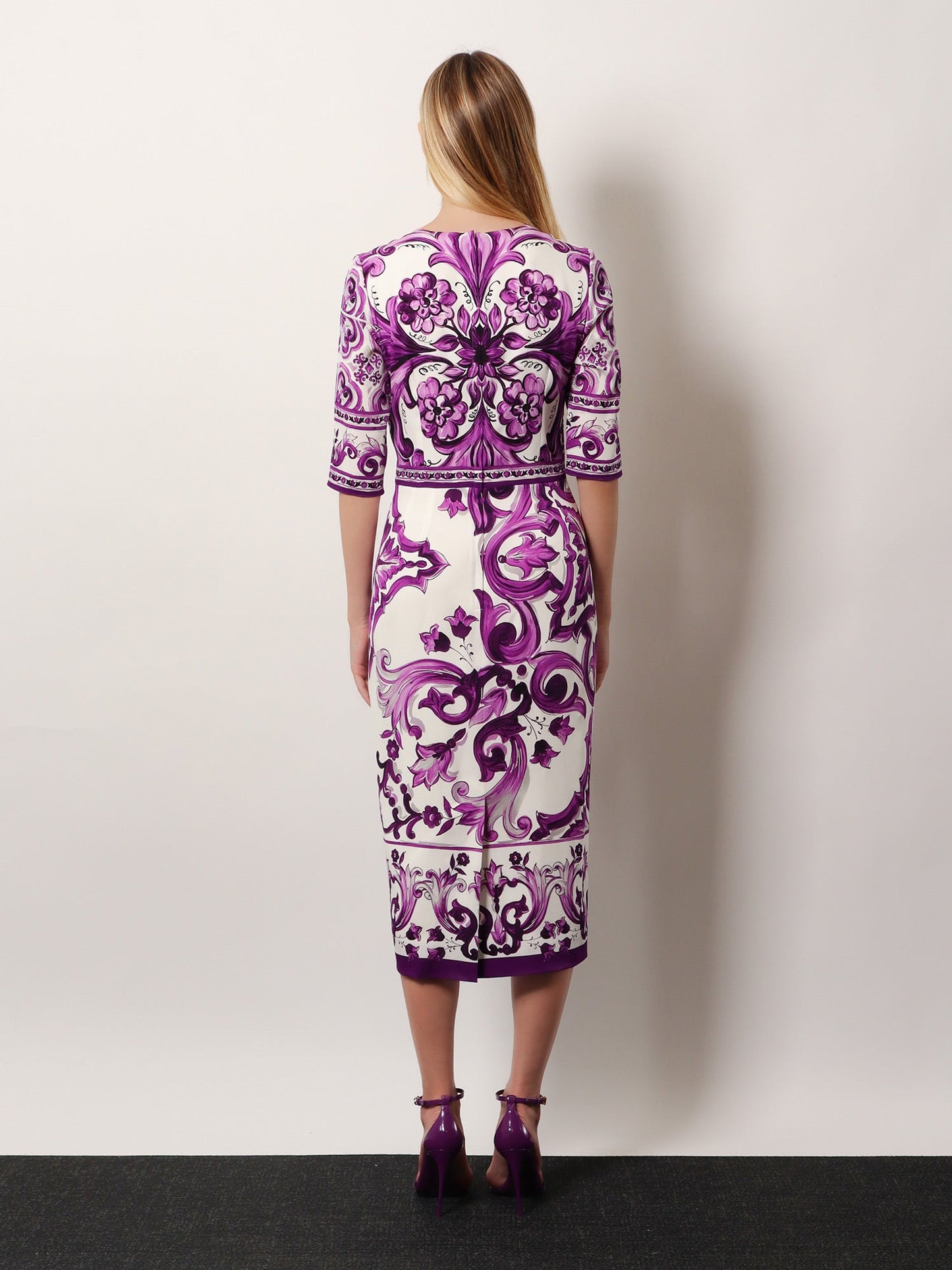Dolce & Gabbana Women Silk Midi Pencil Dress With Maiolica Print