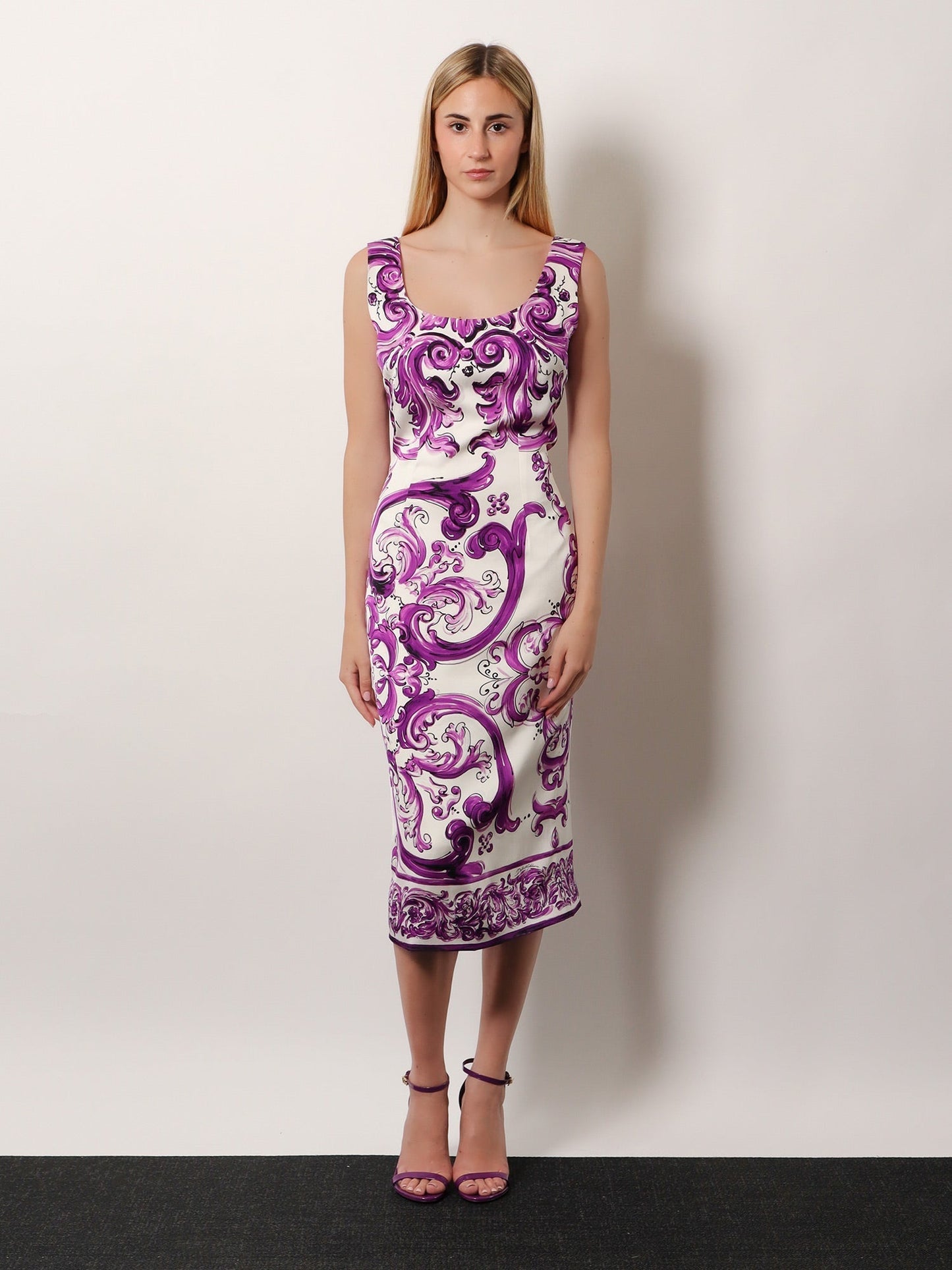 Dolce & Gabbana Women Silk Midi Pencil Dress With Maiolica Print