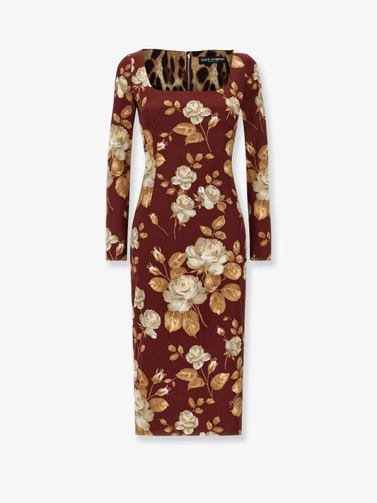 Dolce & Gabbana Women Vintage Rose Print Satin Midi Pencil Dress