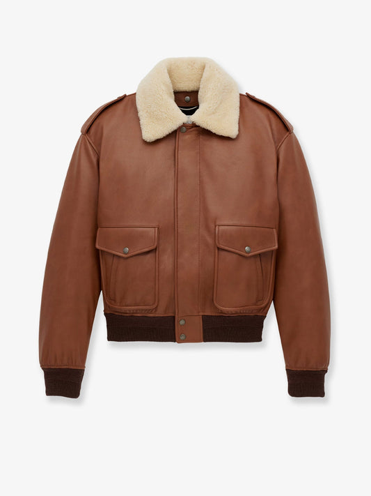 Saint Laurent Women Leather Bomber Jacket With Shearling Collar