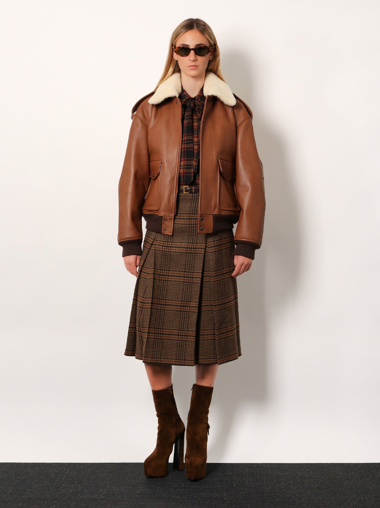Saint Laurent Women Leather Bomber Jacket With Shearling Collar