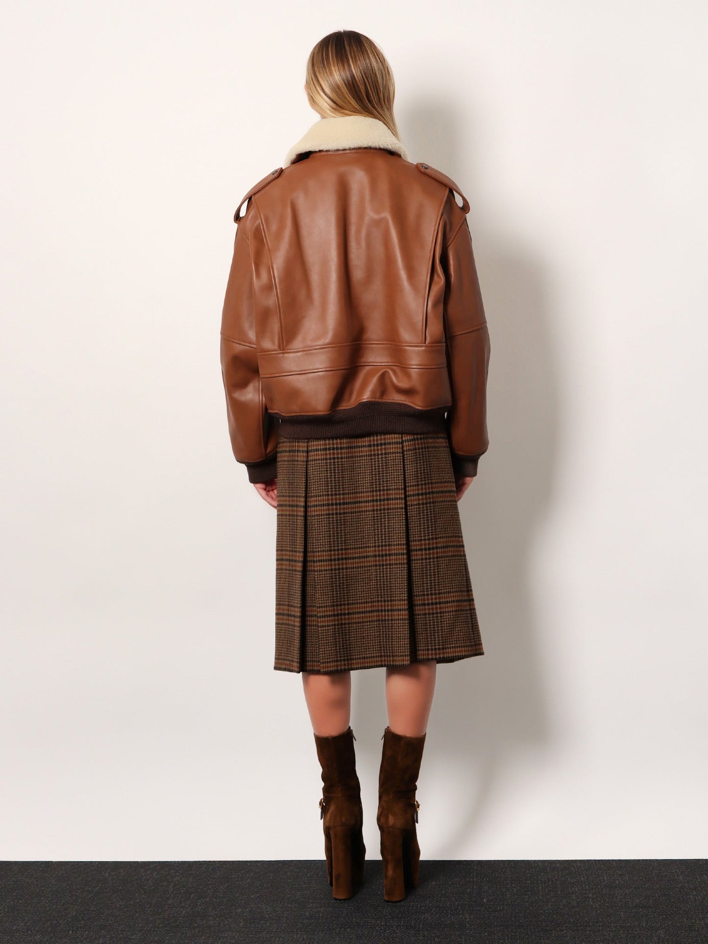 Saint Laurent Women Leather Bomber Jacket With Shearling Collar