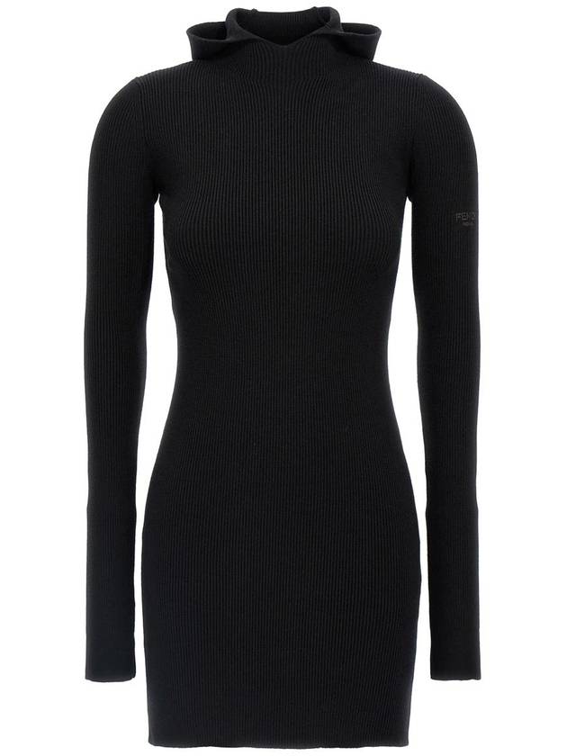 Fendi Long Sleeve Hooded Wool Silk Short Dress Black