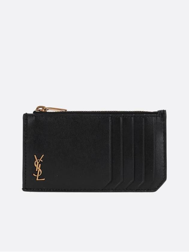 Saint Laurent Monogram Leather Gold Zipper Card Wallet Black