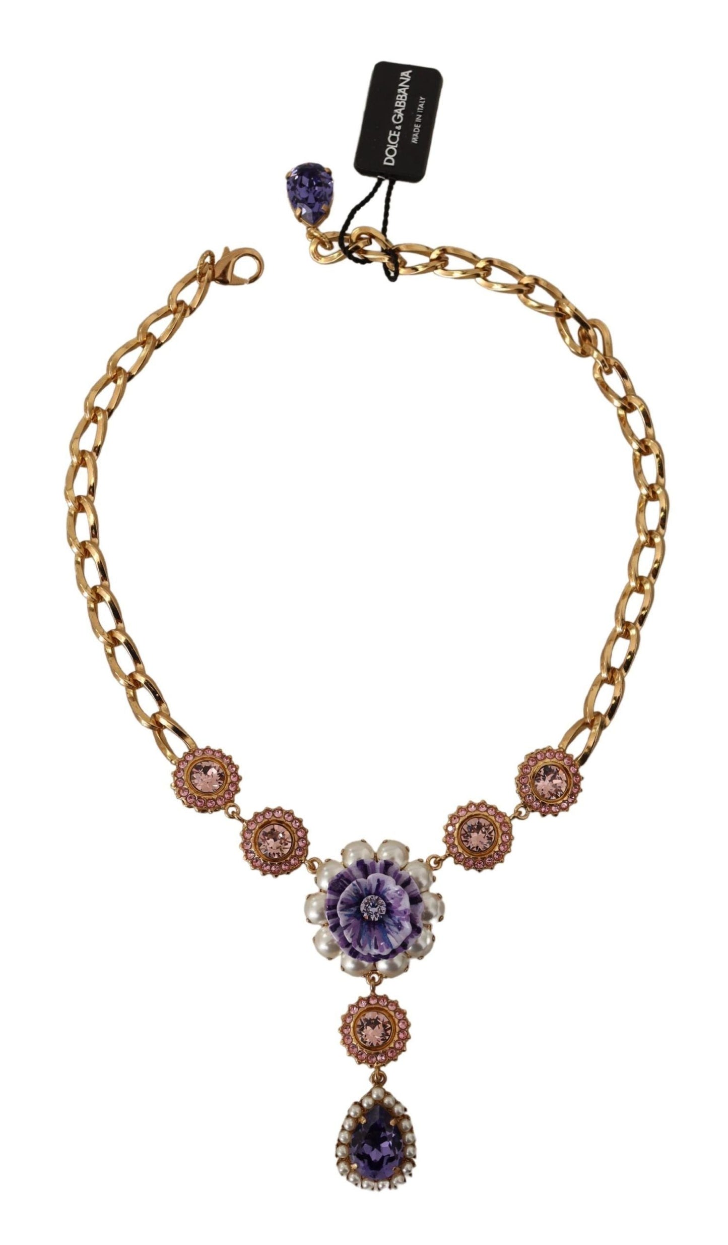 Dolce & Gabbana Gold Brass Crystal Purple Pink Pearl Pendants Women's Necklace