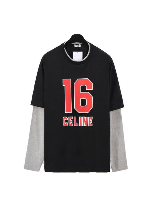 CELINE 16 Cracked Effect Print Layered Long Sleeve T-Shirt Black