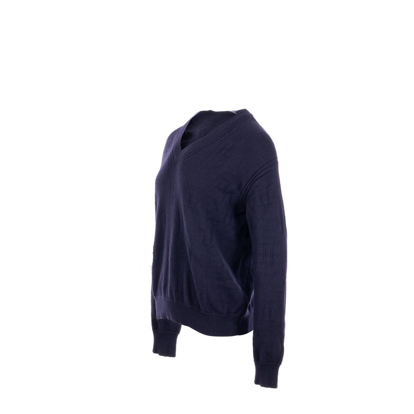 Hermes Size 38 H logo Maile Voyage V-neck Knitwear Virgin Wool Bleu Noir