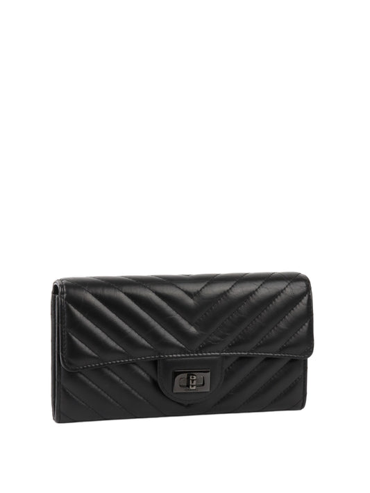 Chanel All Black Chevron 2.55 Large Wallet.