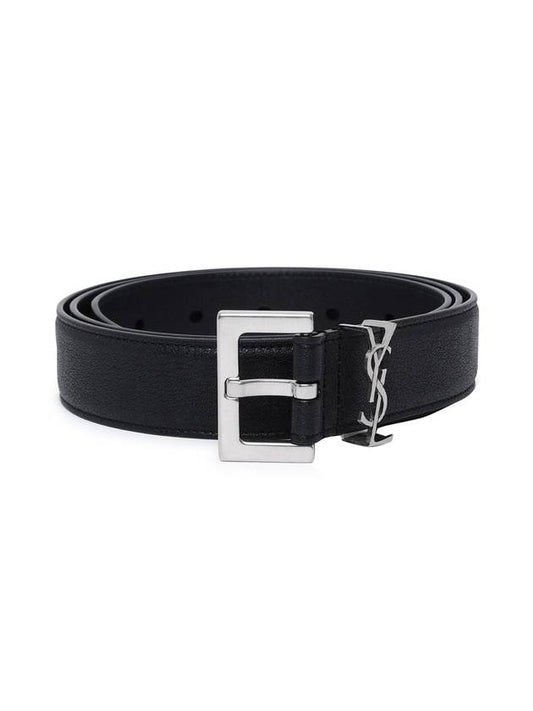 Saint Laurent Silver Hardware Monogram Buckle Leather Belt Black