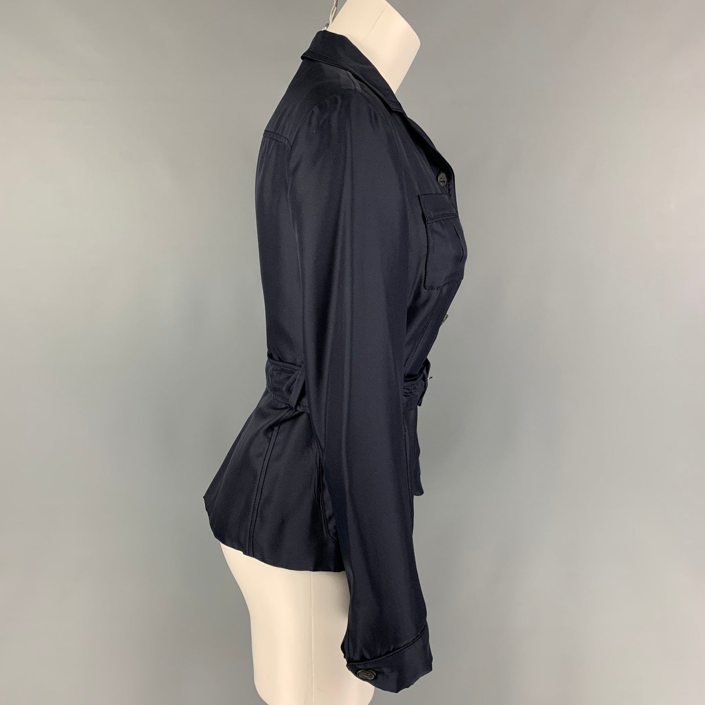 PRADA Size 4 Navy Silk Single Breasted Belted Jacket
