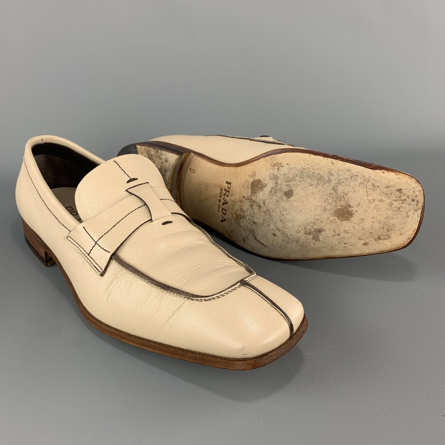 PRADA Size 9 Beige Leather Split Toe Strap Loafers