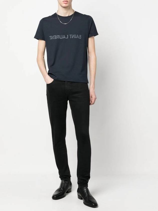 Saint Laurent Reverse Logo Print Cotton Short Sleeve T-Shirt Navy
