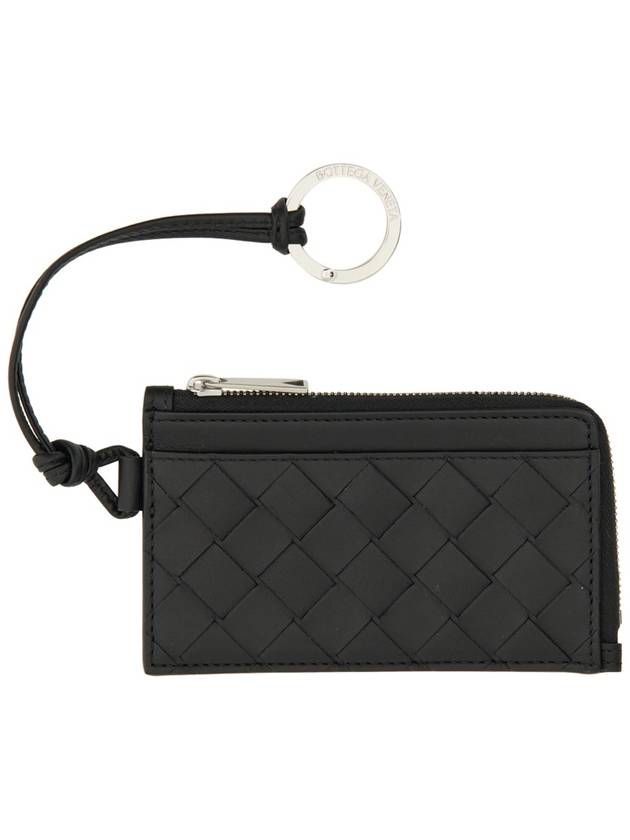 Bottega Veneta Intrecciato L Zipper Leather Card Wallet Black