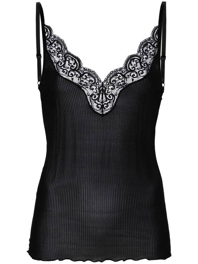 Saint Laurent Lace Trim Rib Silk Sleeveless Black