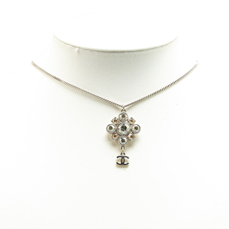 Chanel Coco Mark Rhinestone Necklace Silver