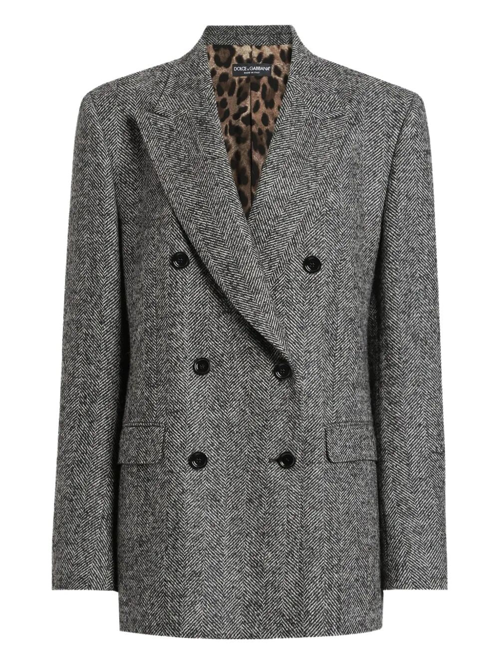 Dolce & Gabbana Women Double-Breasted Herringbone Jacket With Animal Print Lining