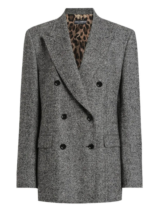 Dolce & Gabbana Women Double-Breasted Herringbone Jacket With Animal Print Lining