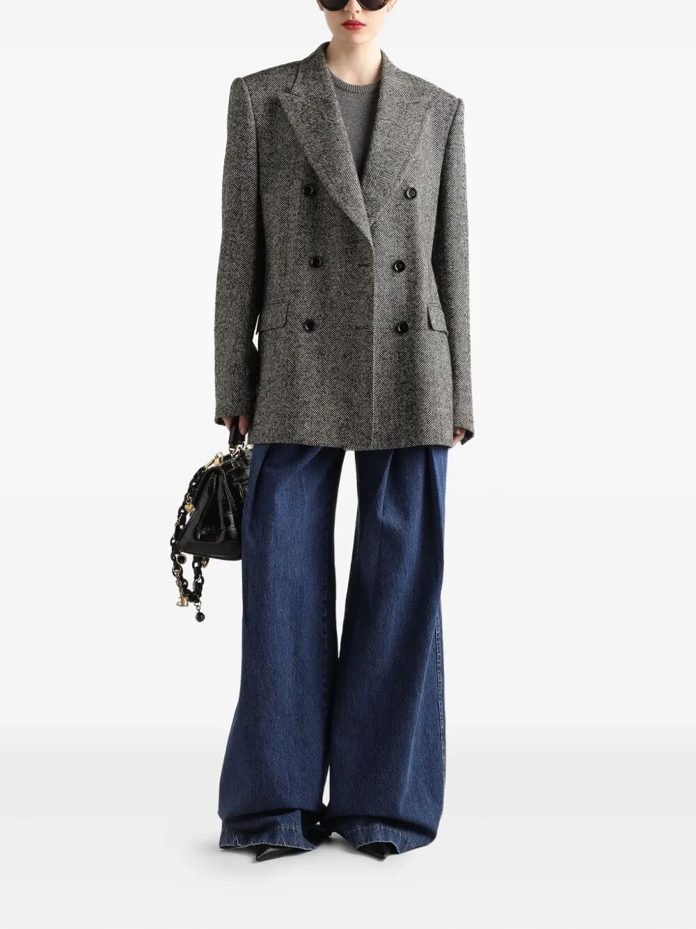 Dolce & Gabbana Women Double-Breasted Herringbone Jacket With Animal Print Lining