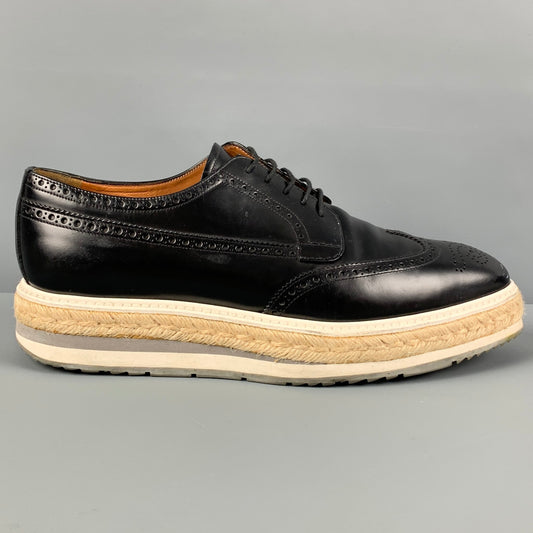 PRADA Size 10 Black White Perforated Leather Platform Lace Up Shoes