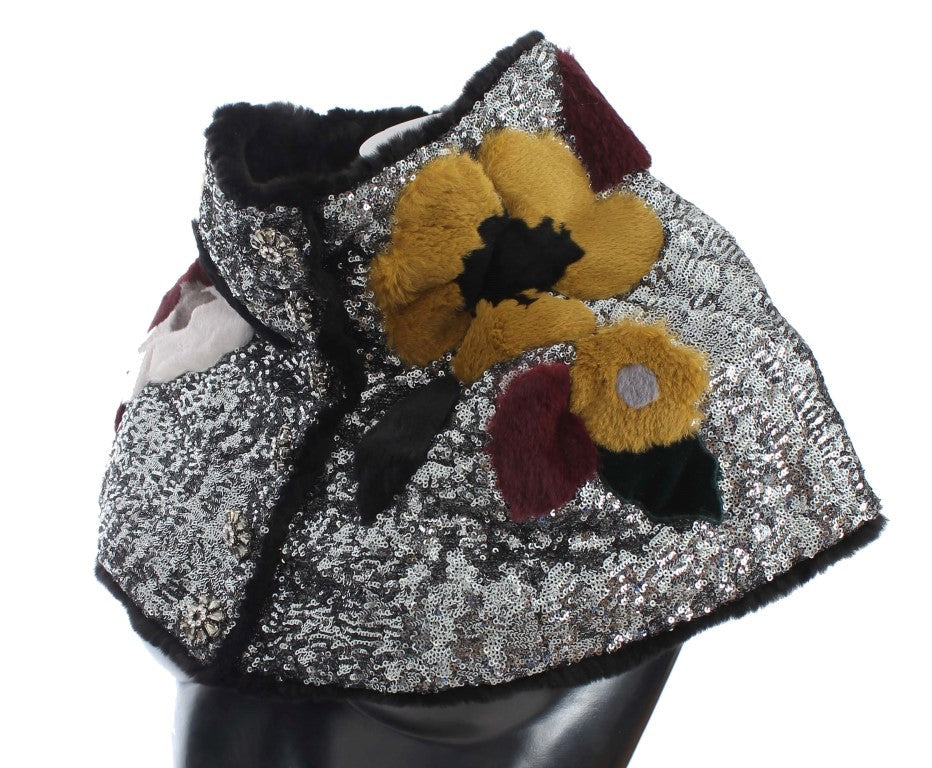 Dolce & Gabbana Silver Sequined Floral Weasel Fur Shoulder Scarf Women's Wrap