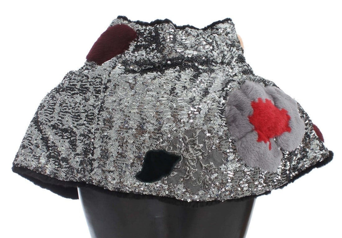 Dolce & Gabbana Silver Sequined Floral Weasel Fur Shoulder Scarf Women's Wrap