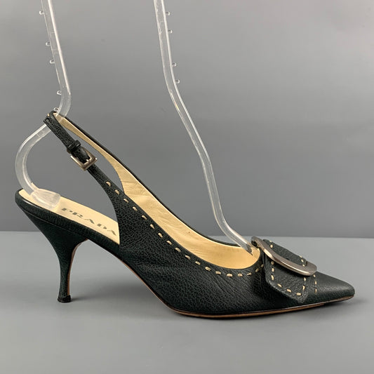 PRADA Size 7 Navy Leather Buckle Slingback Pumps