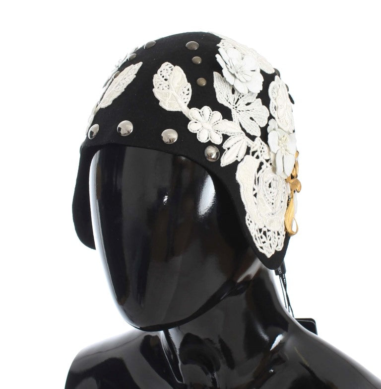 Dolce & Gabbana Black Wool White Floral Gold Leaf Women's Hat