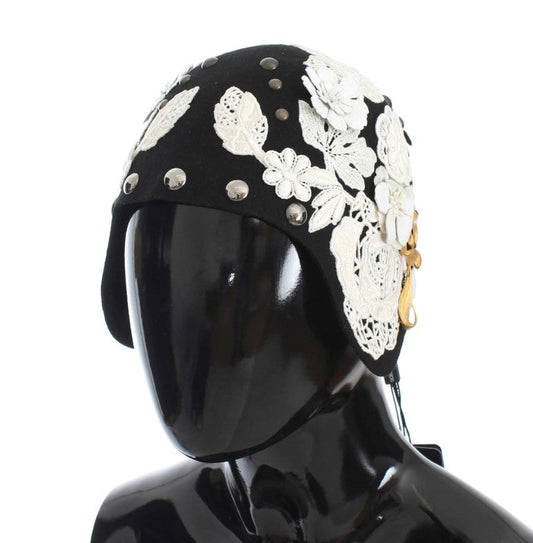 Dolce & Gabbana Black Wool White Floral Gold Leaf Women's Hat