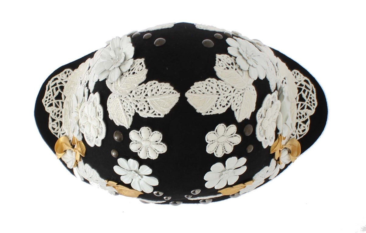 Dolce & Gabbana Black Wool White Floral Gold Leaf Women's Hat