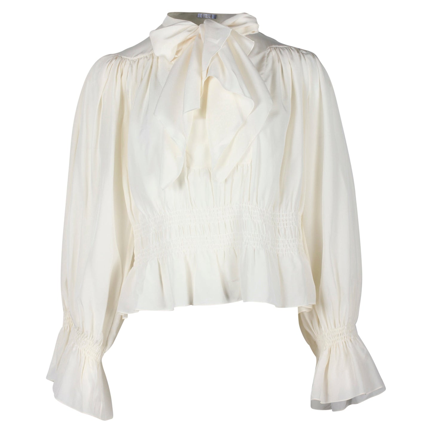 Chloe Pussybow Ruched Blouse in Ecru Silk