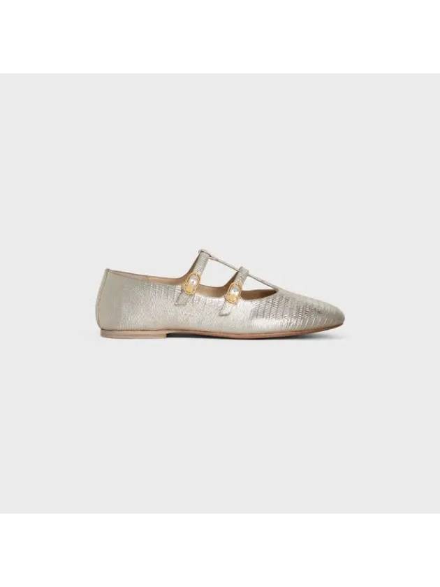 CELINE Les Double Strap Lizard Stamping Metallic Calfskin Ballerinas Silver