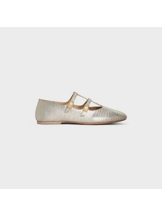 CELINE Les Double Strap Lizard Stamping Metallic Calfskin Ballerinas Silver