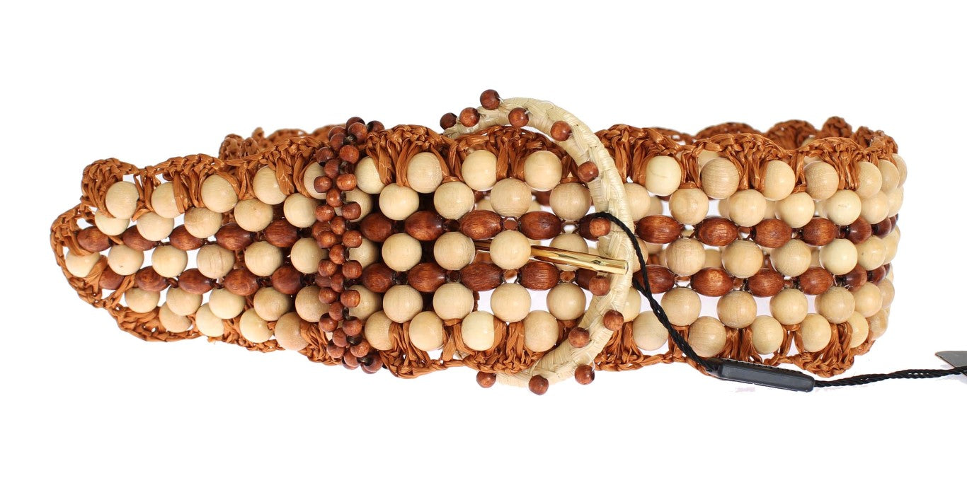 Dolce & Gabbana Brown Raffia Wood Beaded Wide Waist Women's Belt