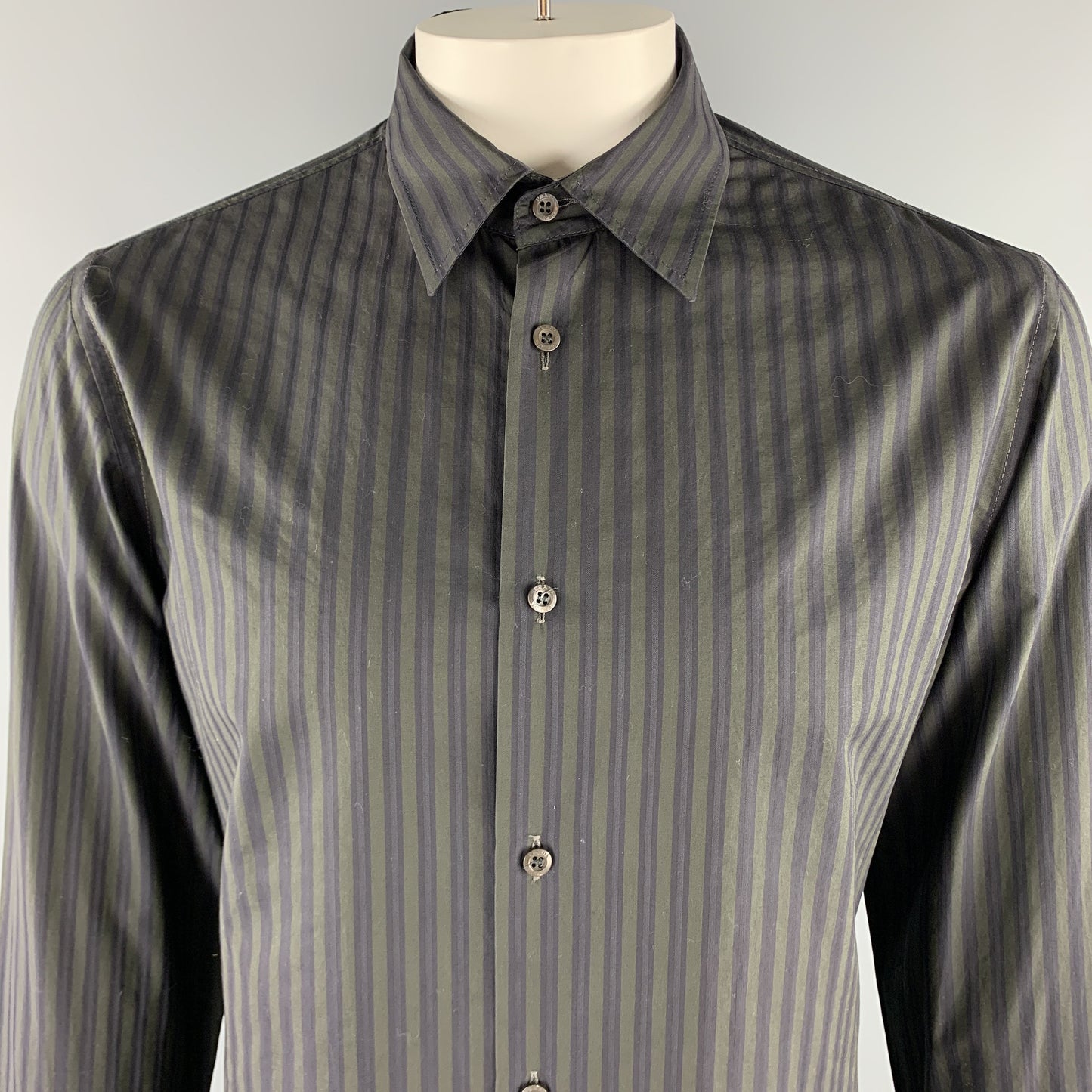 PRADA Size L Gray & Navy Stripe Cotton Button Up Long Sleeve Shirt