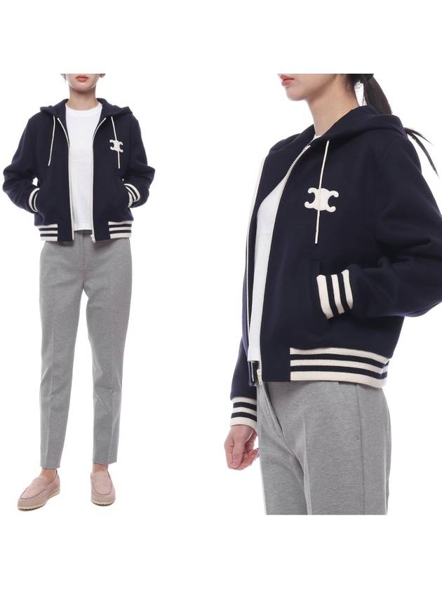 CELINE Triomphe Patch Cashmere Zip Up Hoodie Navy