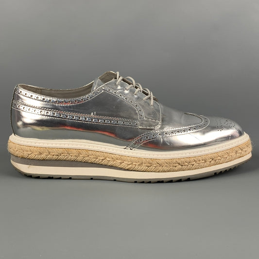 PRADA Size 10 Silver Perforated Leather Platform Lace Up Shoes