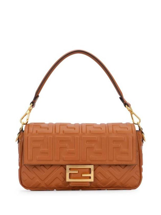 Fendi Baguette FF Embossed Nappa Leather Shoulder Bag Brown
