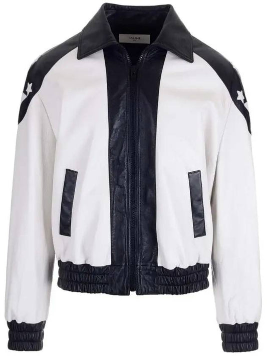 CELINE Loose Flag Teddy Lambskin Bomber Jacket Black White