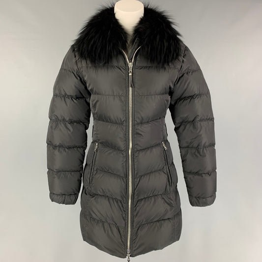 PRADA Size 2 Black Nylon Fox Collar Coat