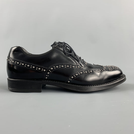 PRADA Size 9.5 Black Studded Leather Wingtip Lace Up Oxfords