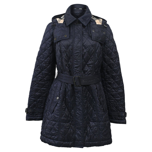 Burberry Belted Hooded Down Coat in Navy Blue Nylon