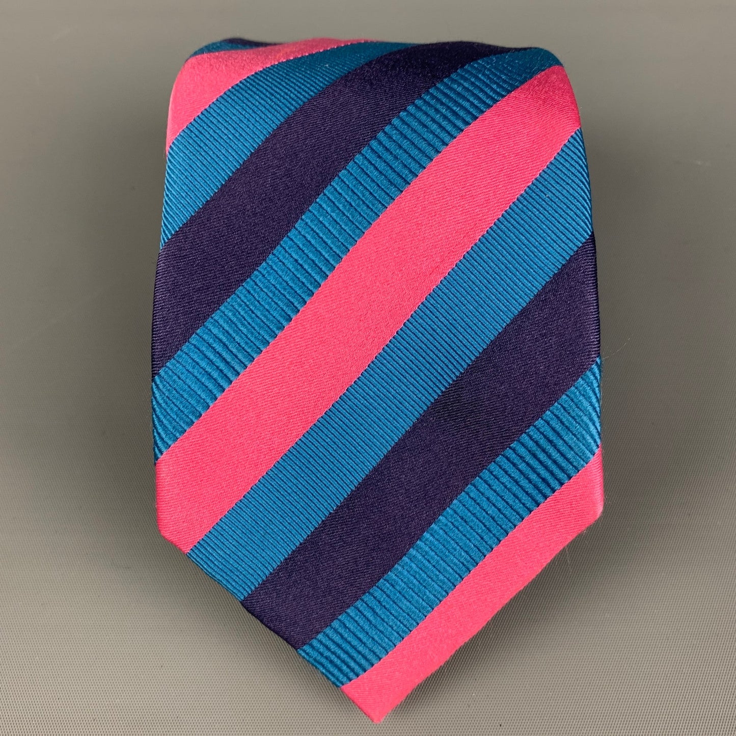 PRADA Blue Pink Diagonal Stripe Silk Tie