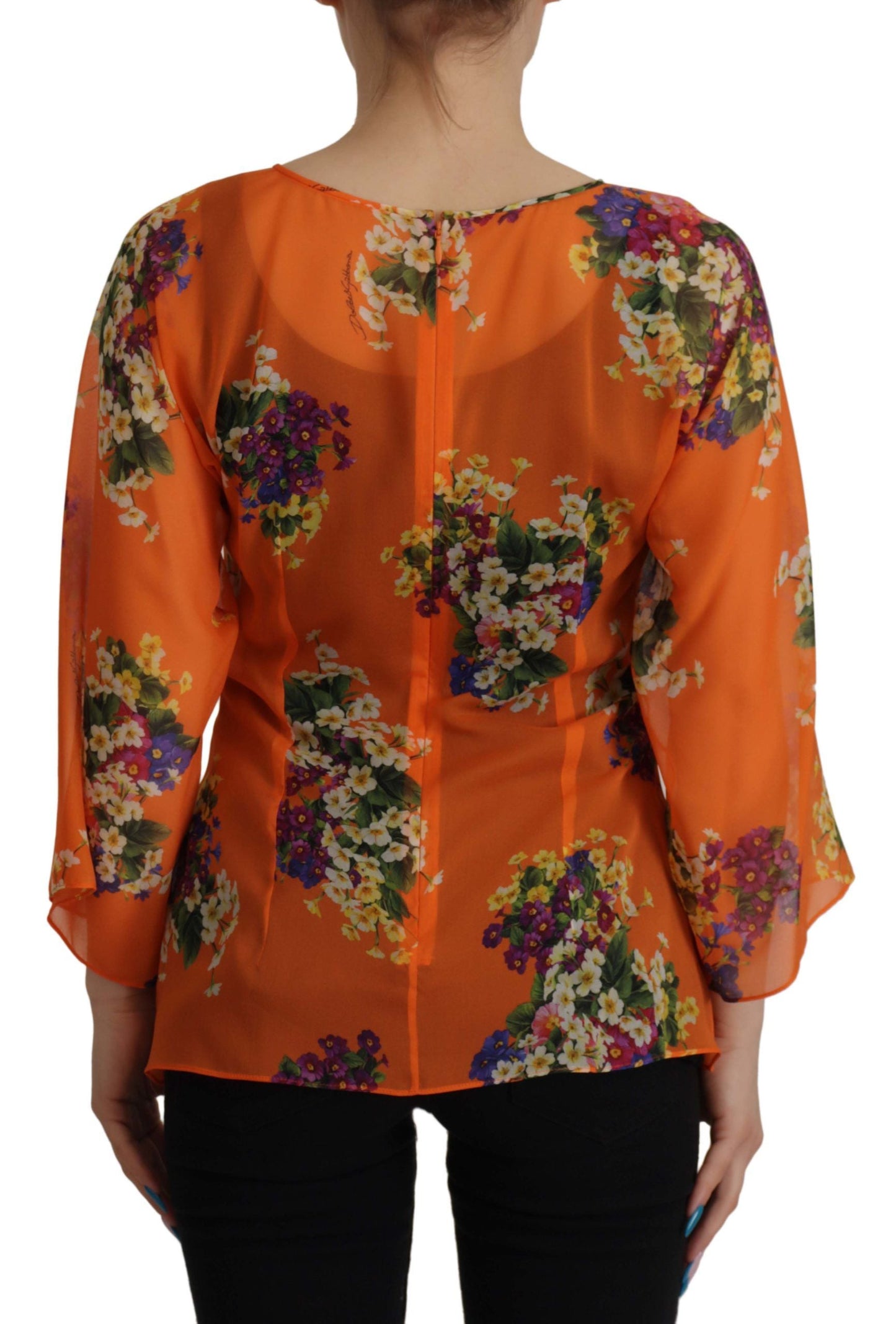 Dolce & Gabbana Orange Floral Print Long Sleeve Women's Blouse