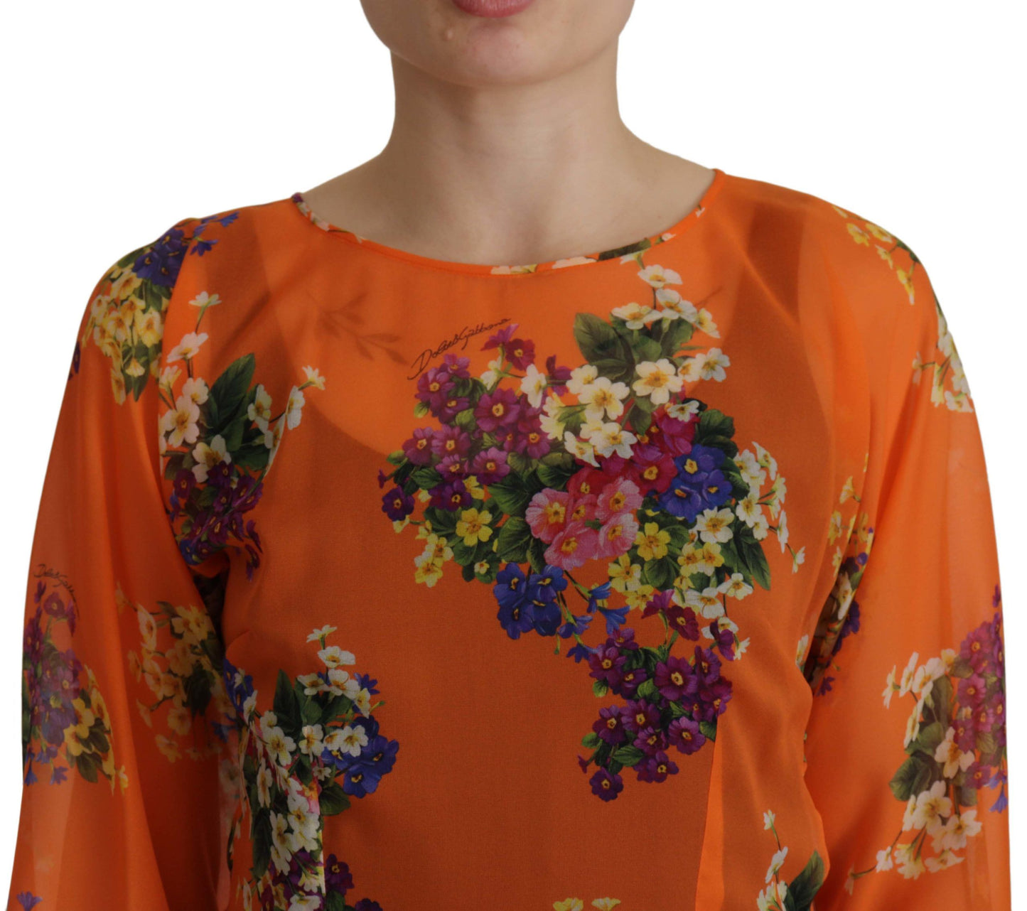Dolce & Gabbana Orange Floral Print Long Sleeve Women's Blouse