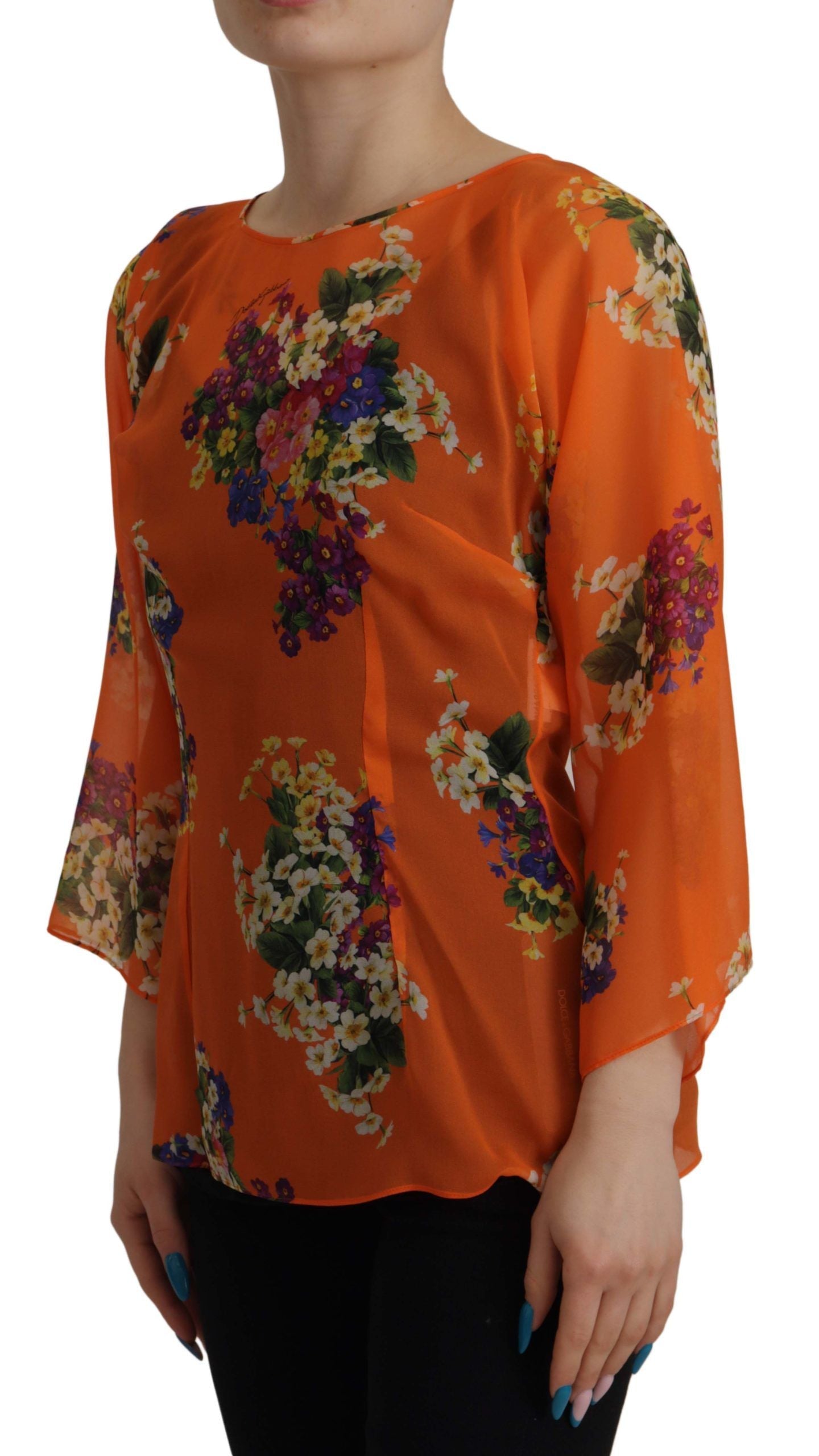 Dolce & Gabbana Orange Floral Print Long Sleeve Women's Blouse