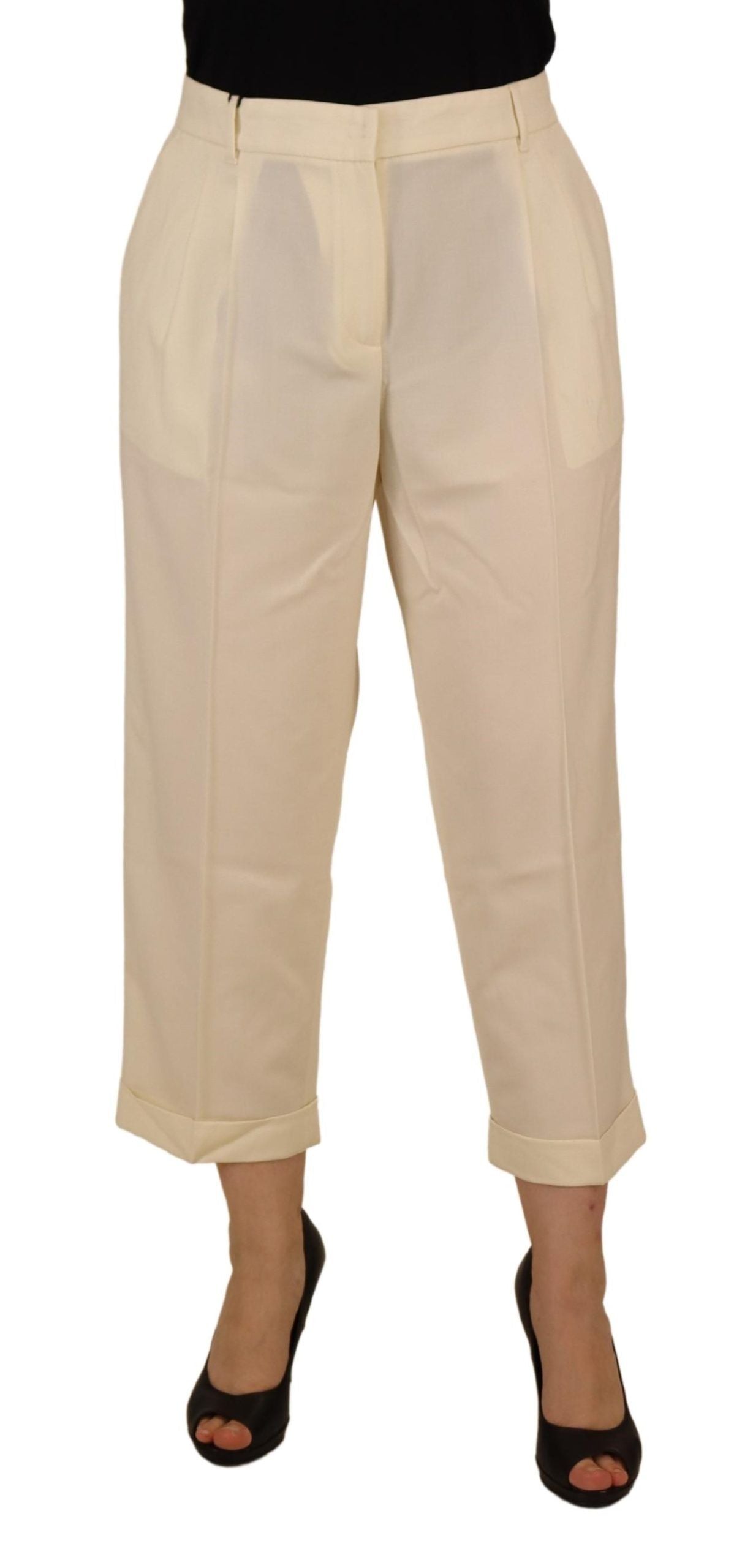 Dolce & Gabbana Ivory High Waist Cropped Folded Hem Trousers Women's Pants