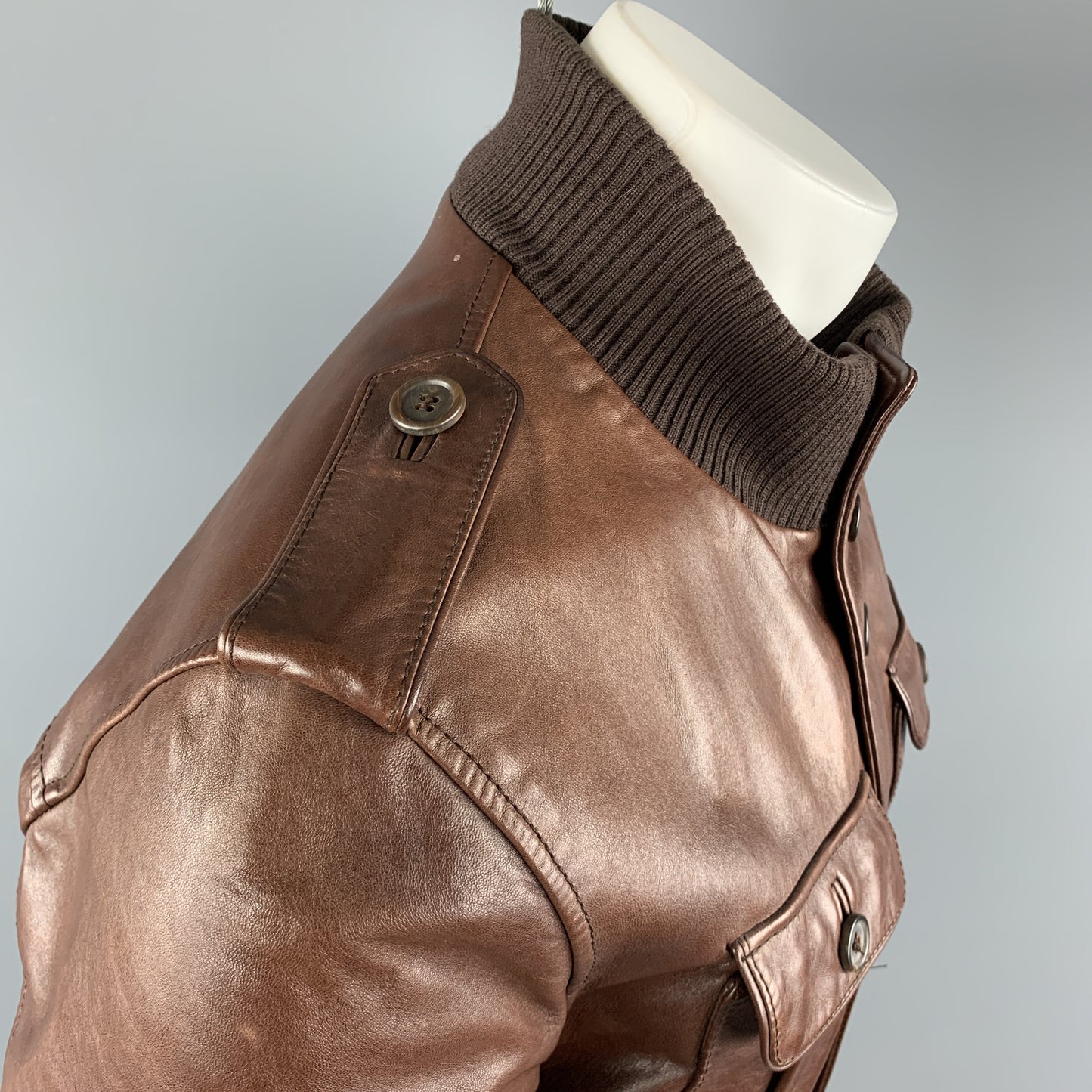 PRADA Chest Size 40 Brown Leather High Collar Epaullettes Zip & Buttons Patch Pockets Jacket