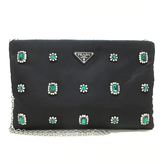 PRADA - Triangle Logo with Stones Shoulder Bag Black Nylon